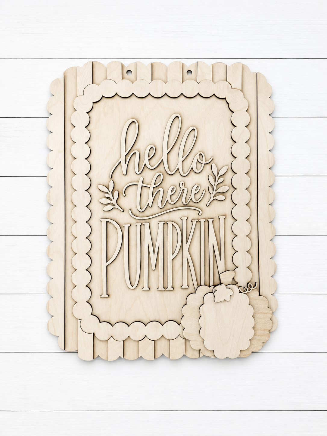 Hello There Pumpkin laser cut wood sign with stripe panel, beaded frame and pumpkin accent, unfinished Baltic birch, 16 inch