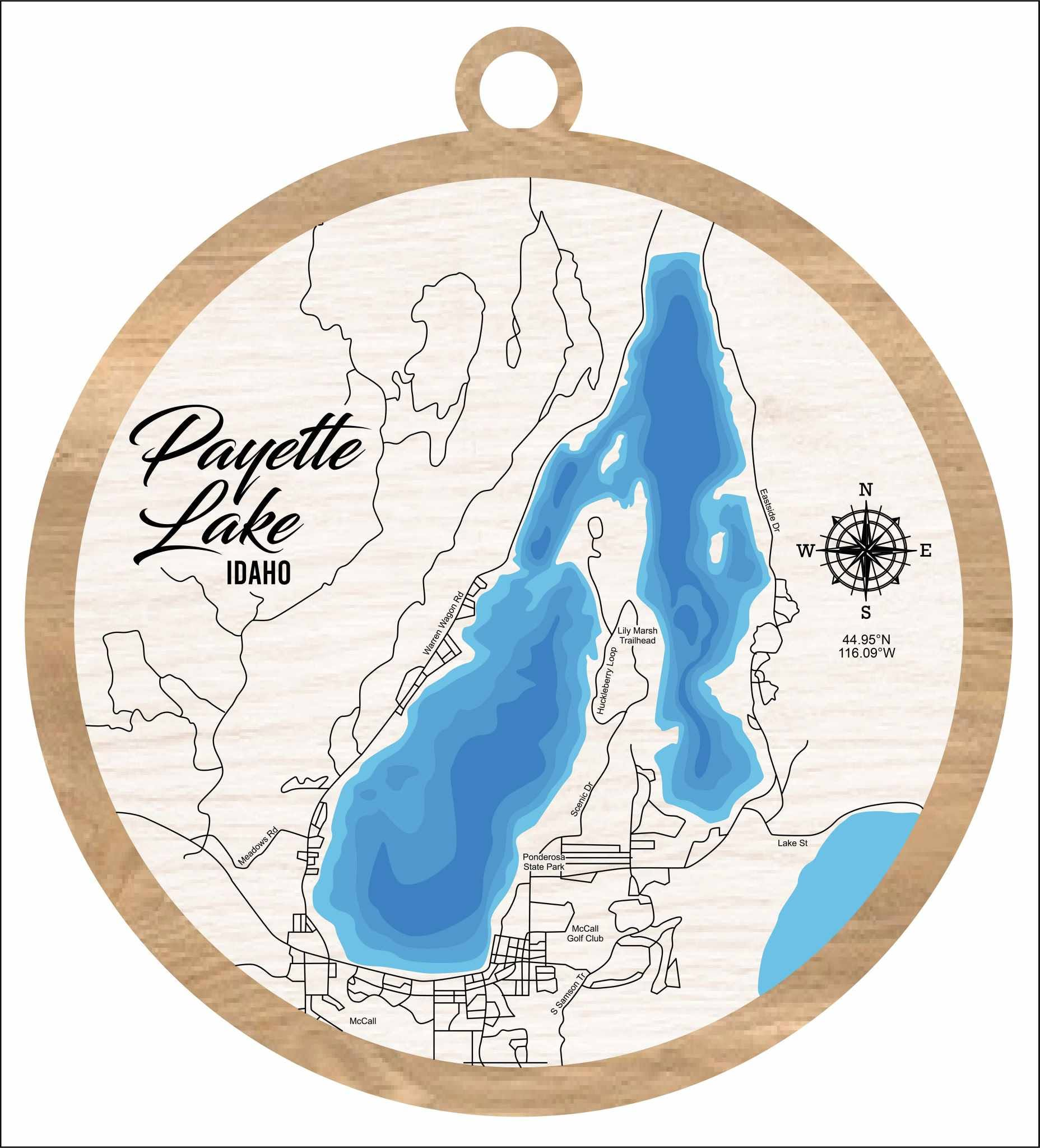 Payette Lake Idaho laser-cut wood ornament with compass rose, GPS coordinates, and lake depth shading