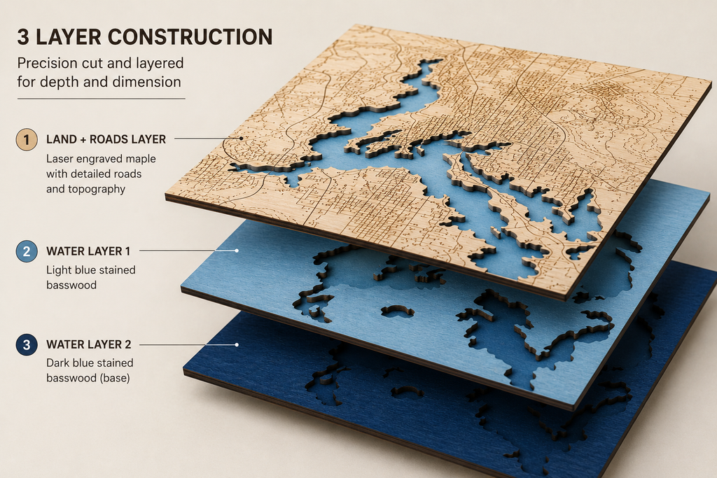 Three-layered wooden map with labeled layers on a neutral background