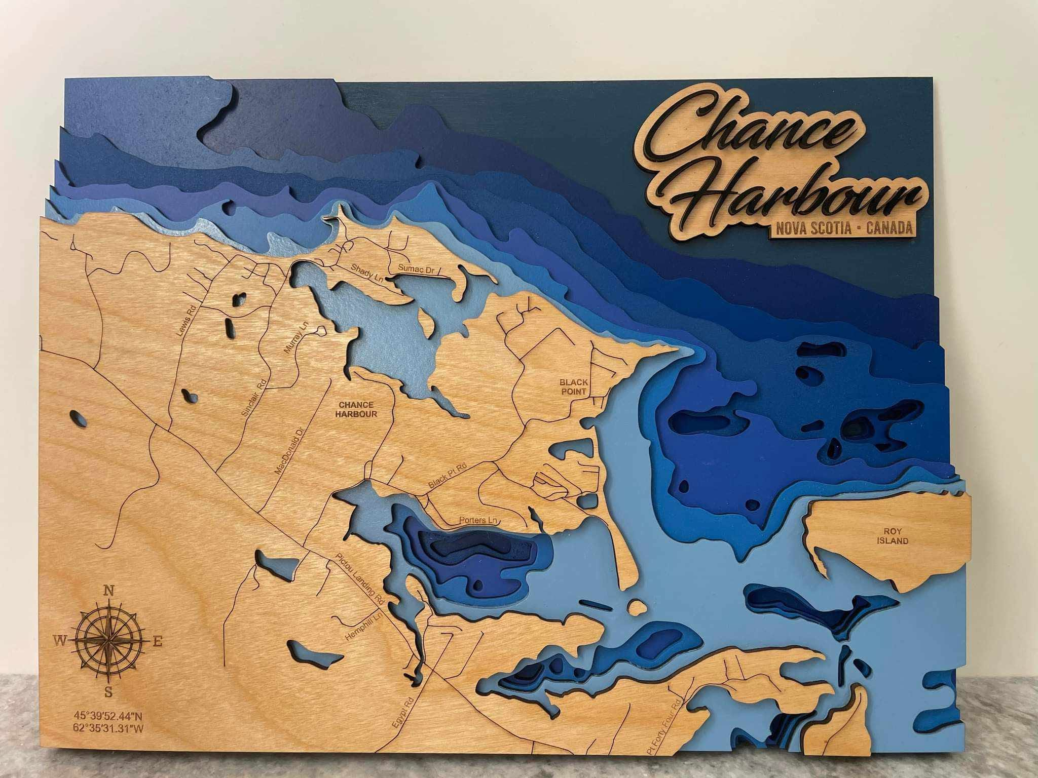Chance Harbour Nova Scotia 3D laser-cut wood coastal map - standing view