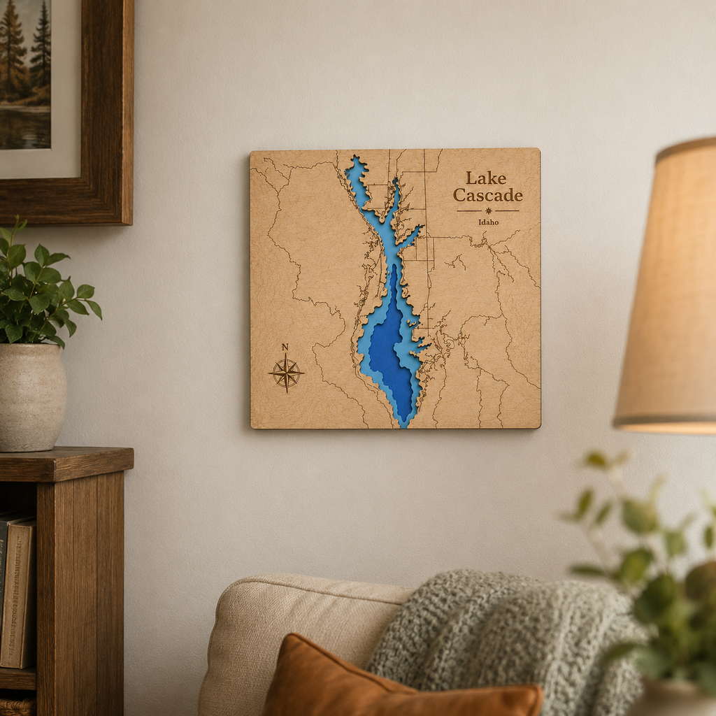 Wooden map of Lake Cascade on a wall in a cozy living room.