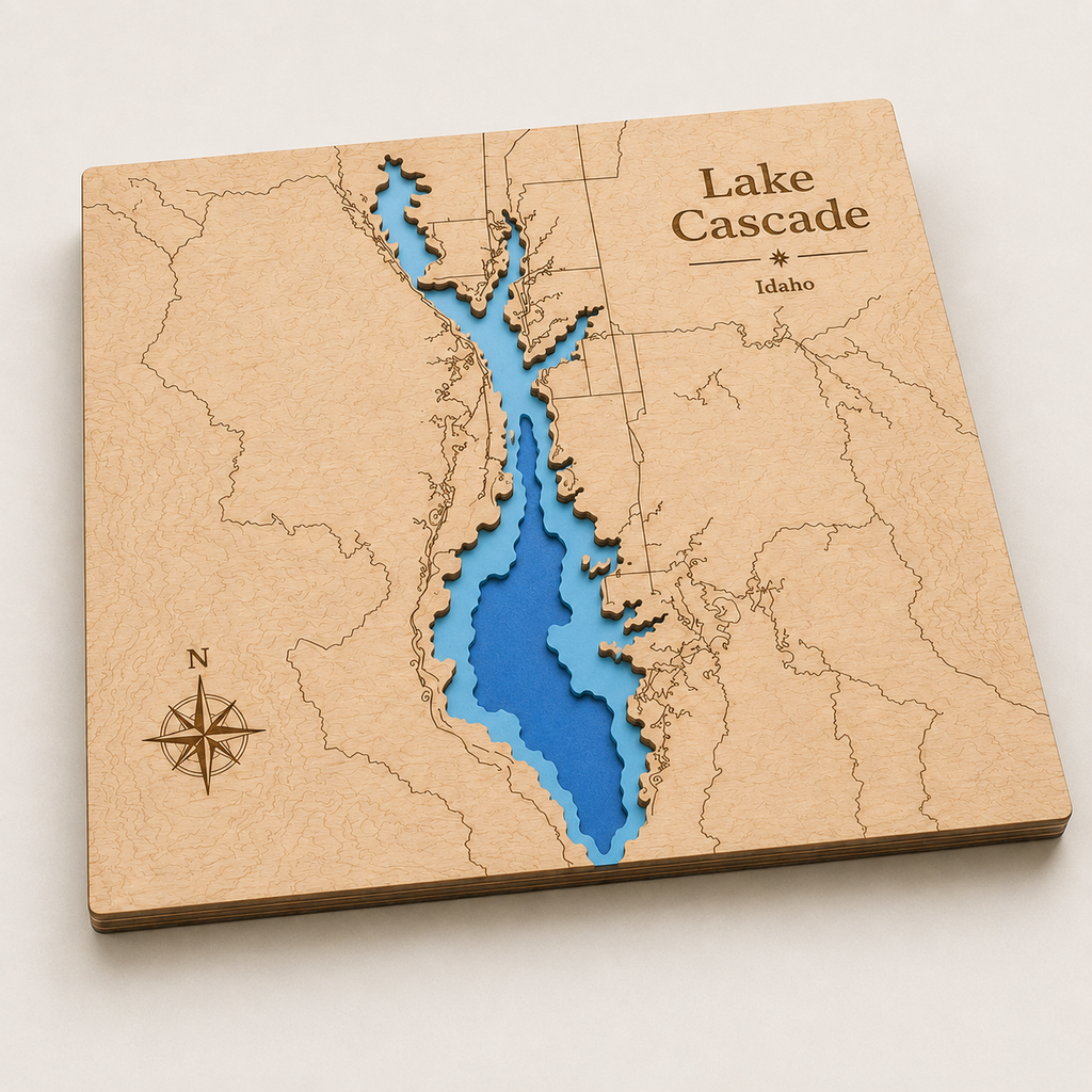 Wooden map of Lake Cascade, Idaho with blue water inset