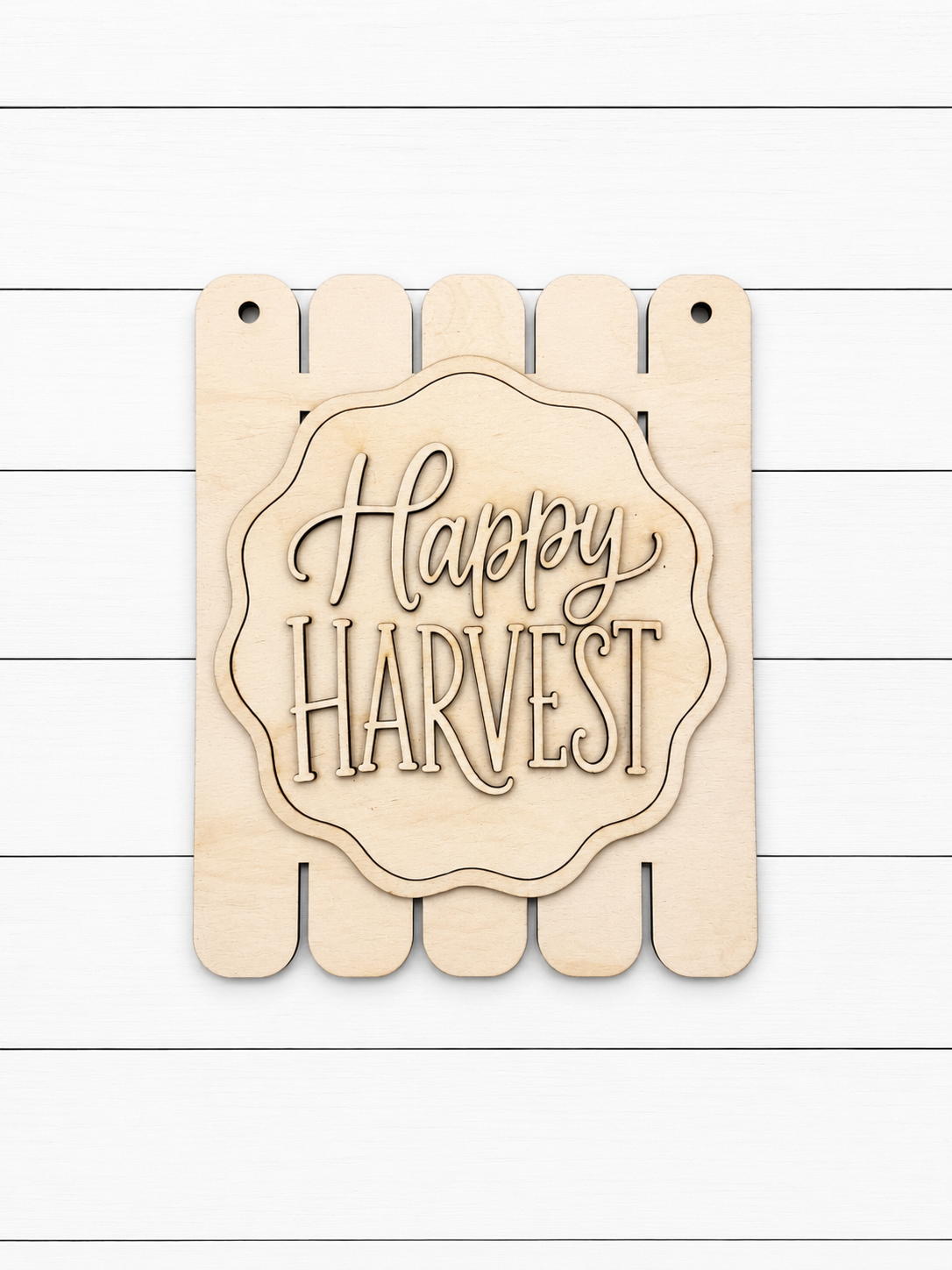 Happy Harvest laser cut wood sign with fence picket panel and scalloped medallion, unfinished Baltic birch, 16 inch