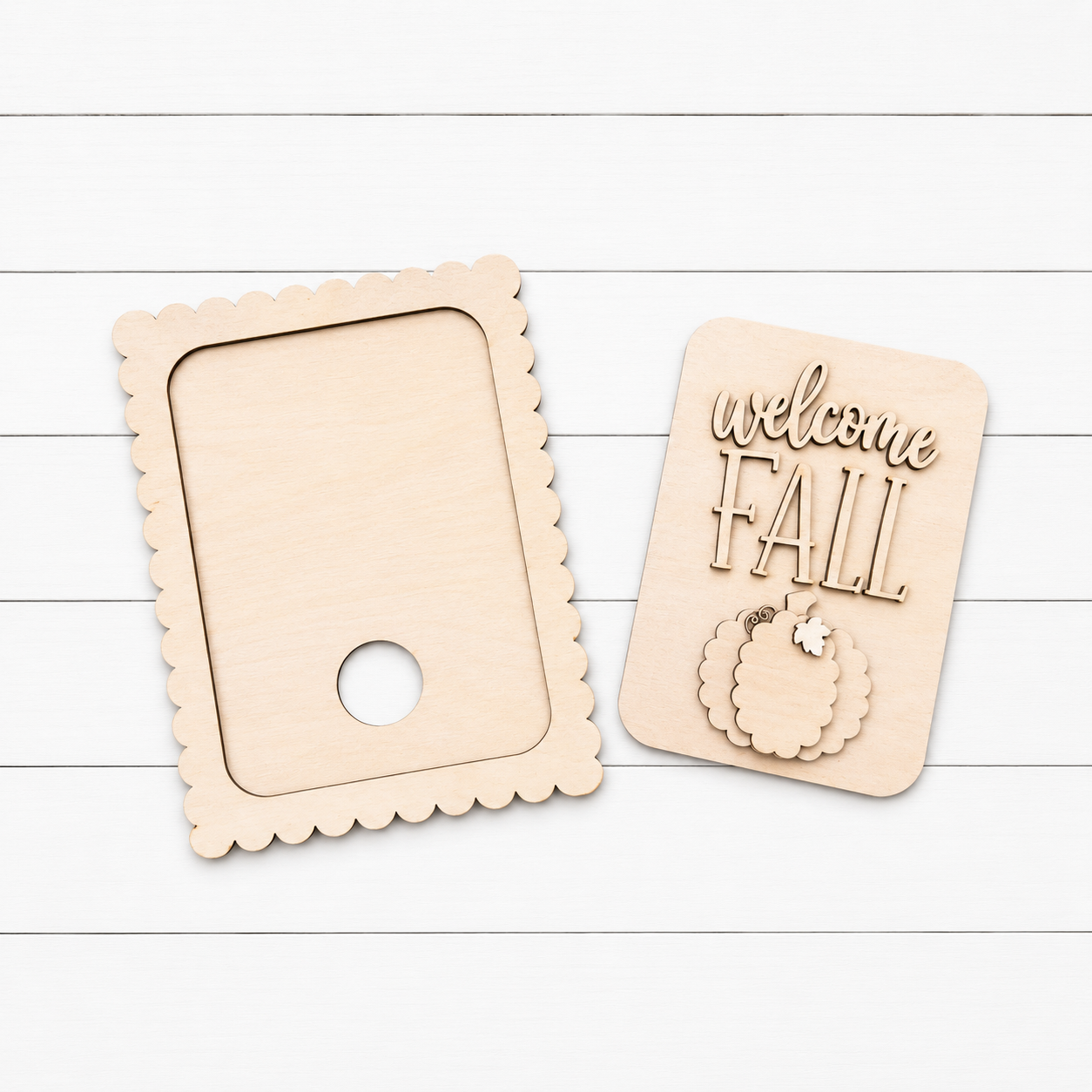 Welcome Fall interchangeable laser cut wood sign set showing scalloped frame and insert panel with pumpkin accent, unfinished Baltic birch, 16 inch