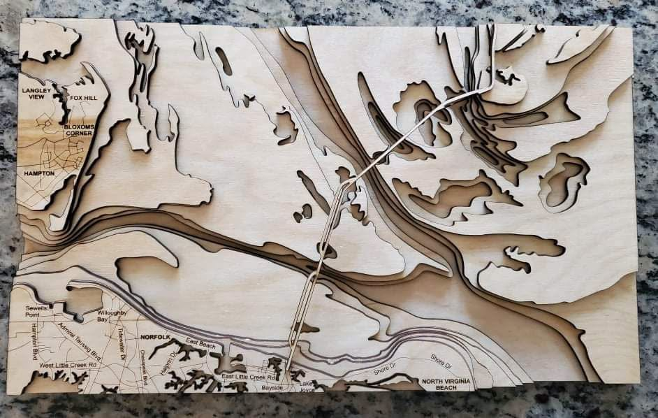 Hampton Roads Virginia 3D laser-cut wood topo map wall art - Naked natural wood style