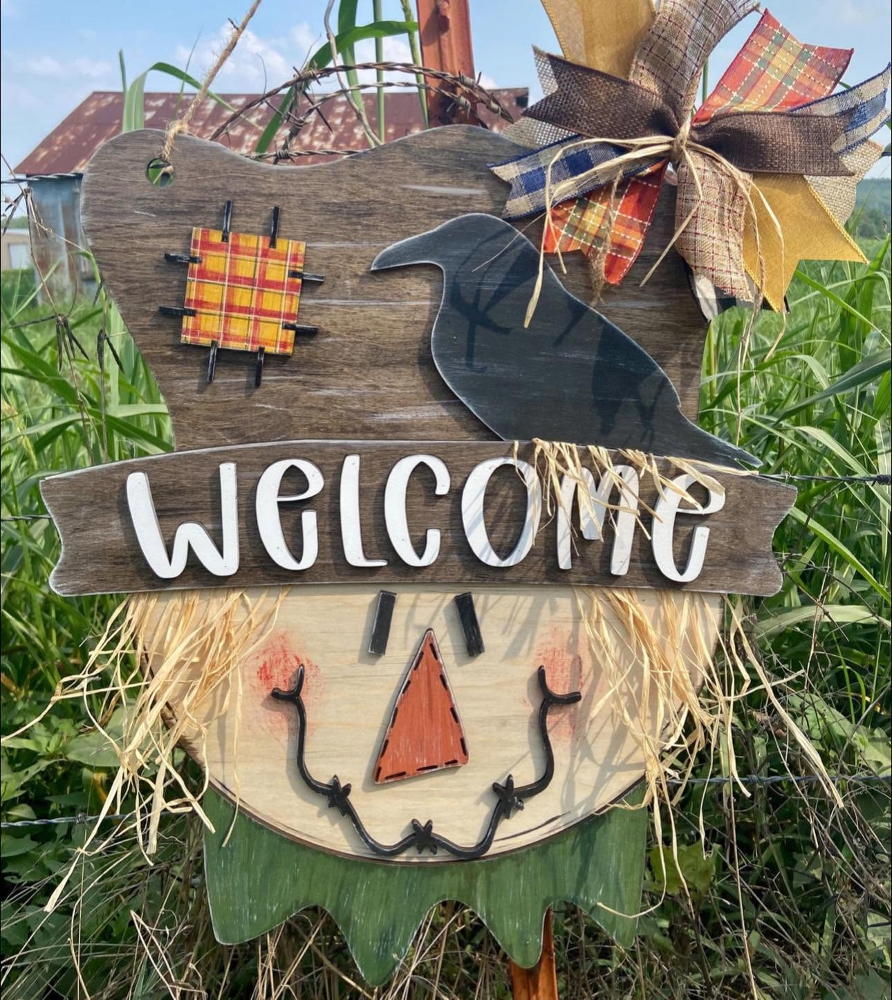 Welcome scarecrow hand-painted laser cut wood door hanger with straw hair, crow, plaid patch and decorative bow, 23 inch