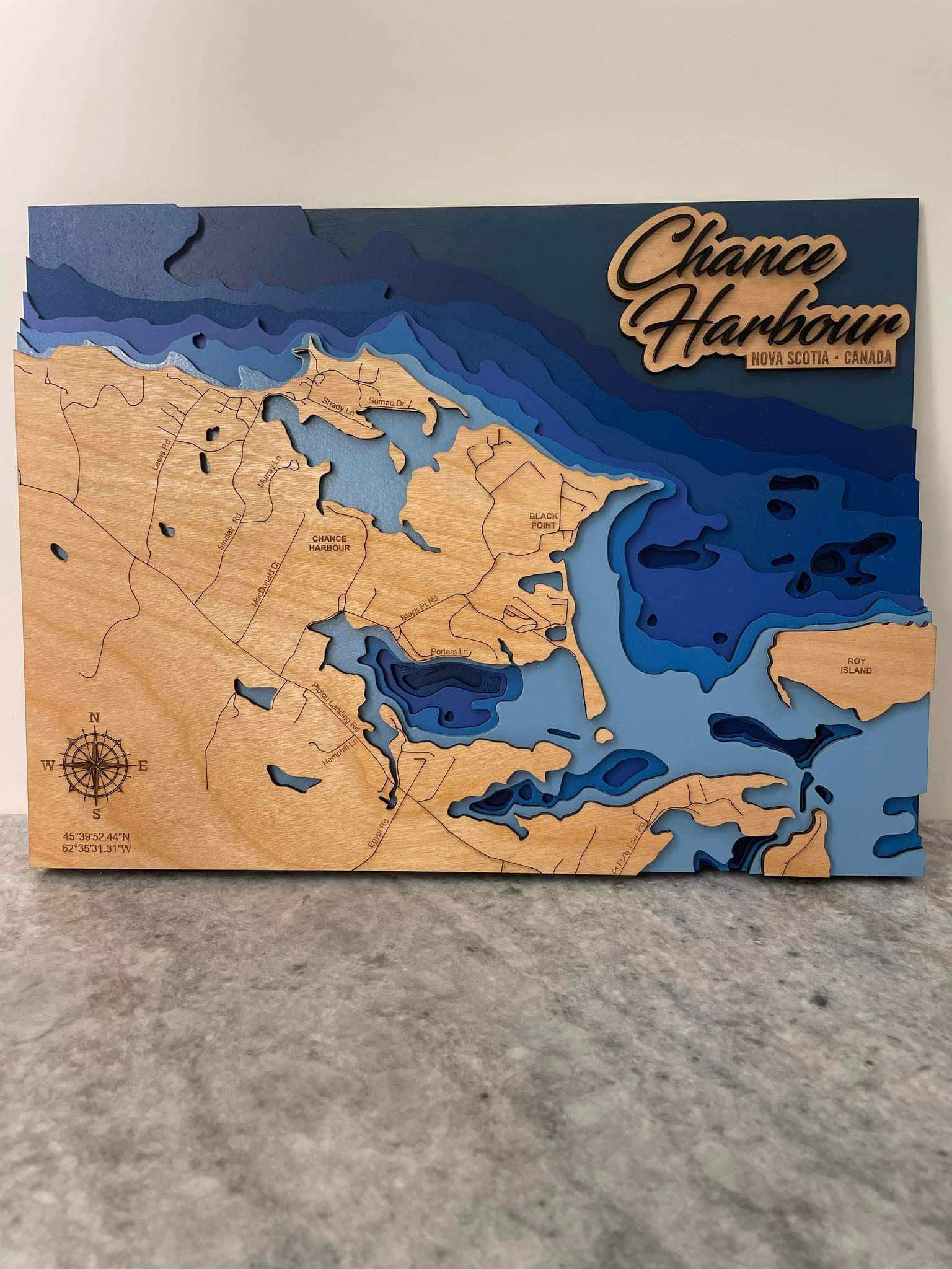 Chance Harbour Nova Scotia 3D laser-cut wood coastal map - alternate angle