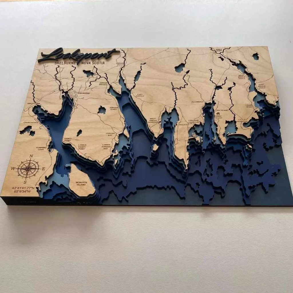 Lockeport Shelburne Nova Scotia 3D laser-cut wood coastal map - wall view