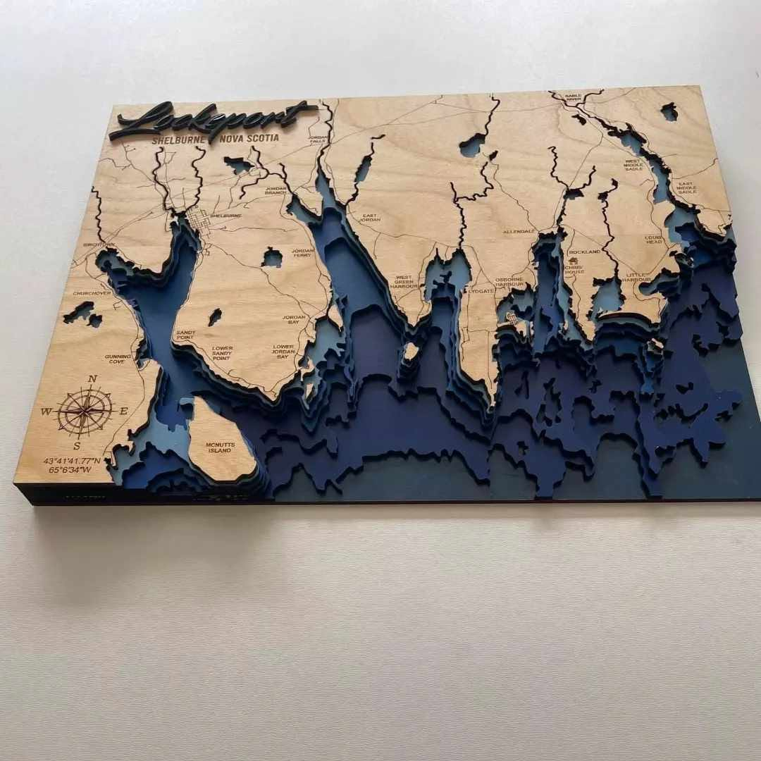 Lockeport Shelburne Nova Scotia 3D laser-cut wood coastal map - rotated view