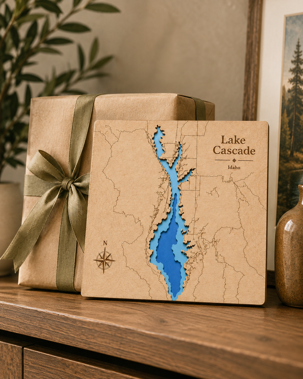 Wooden gift box with Lake Cascade design on a wooden surface