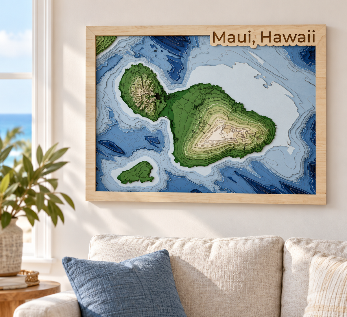 Maui Hawaii 3D Wood Map, Handmade Layered Island Wall Art, Hawaiian Coastal Decor, Vacation Keepsake, Wedding & Anniversary Gift