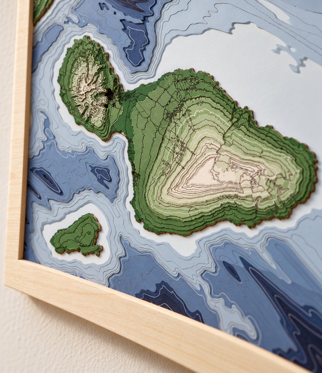 Maui Hawaii 3D Wood Map, Handmade Layered Island Wall Art, Hawaiian Coastal Decor, Vacation Keepsake, Wedding & Anniversary Gift