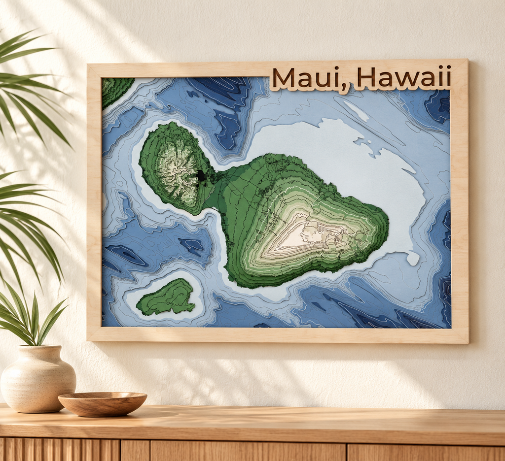 Maui Hawaii 3D Wood Map, Handmade Layered Island Wall Art, Hawaiian Coastal Decor, Vacation Keepsake, Wedding & Anniversary Gift