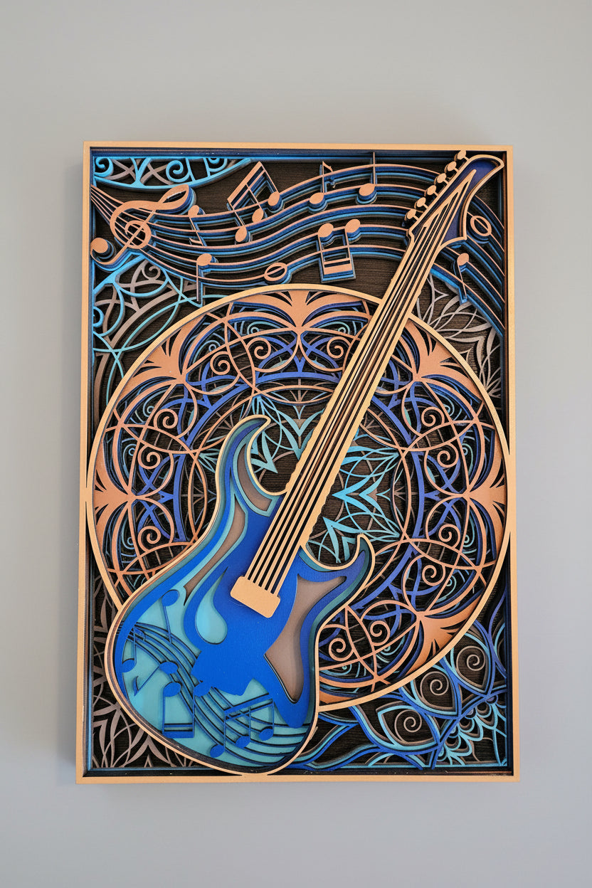A laser-cut wooden wall art piece featuring a blue electric guitar and musical notes over an intricate Celtic-style pattern background, mounted on a reddish-brown wall.