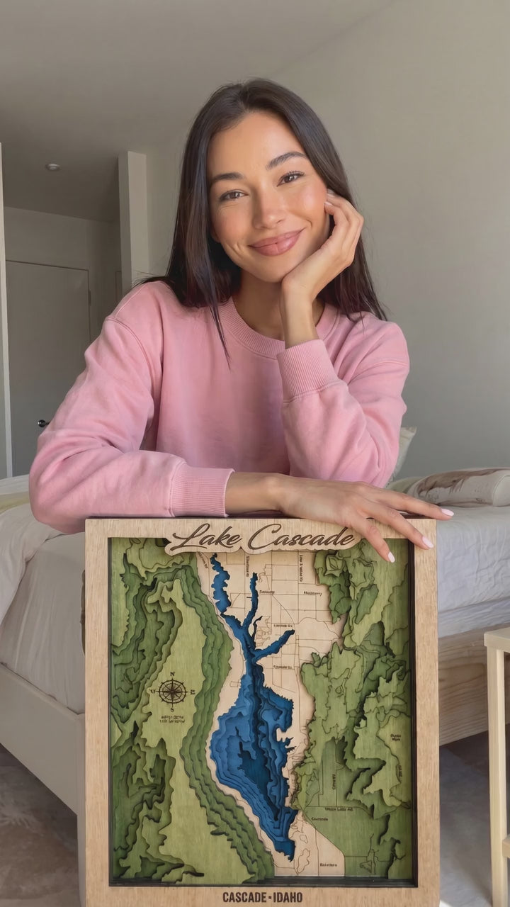 Lake Cascade Idaho Topo Map Wall Art | 11-Layer 3D Laser-Cut Wood | Lake Decor Gift