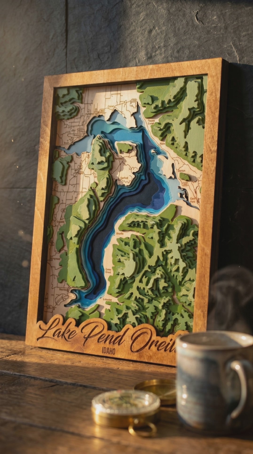 Lake Pend Oreille Idaho Topo Map Wall Art | 11-Layer 3D Laser-Cut Wood | Lake Decor Gift