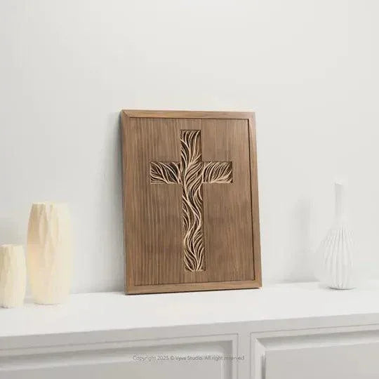 Layered Wooden Cross Wall Art – Handmade Christian Decor | Framed Laser Cut Cross | Faith Gift