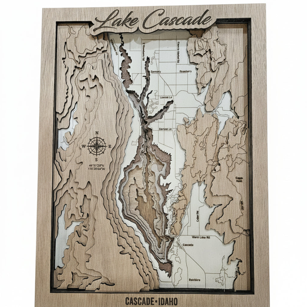 Wooden topographic map of Lake Cascade, Cascade, Idaho