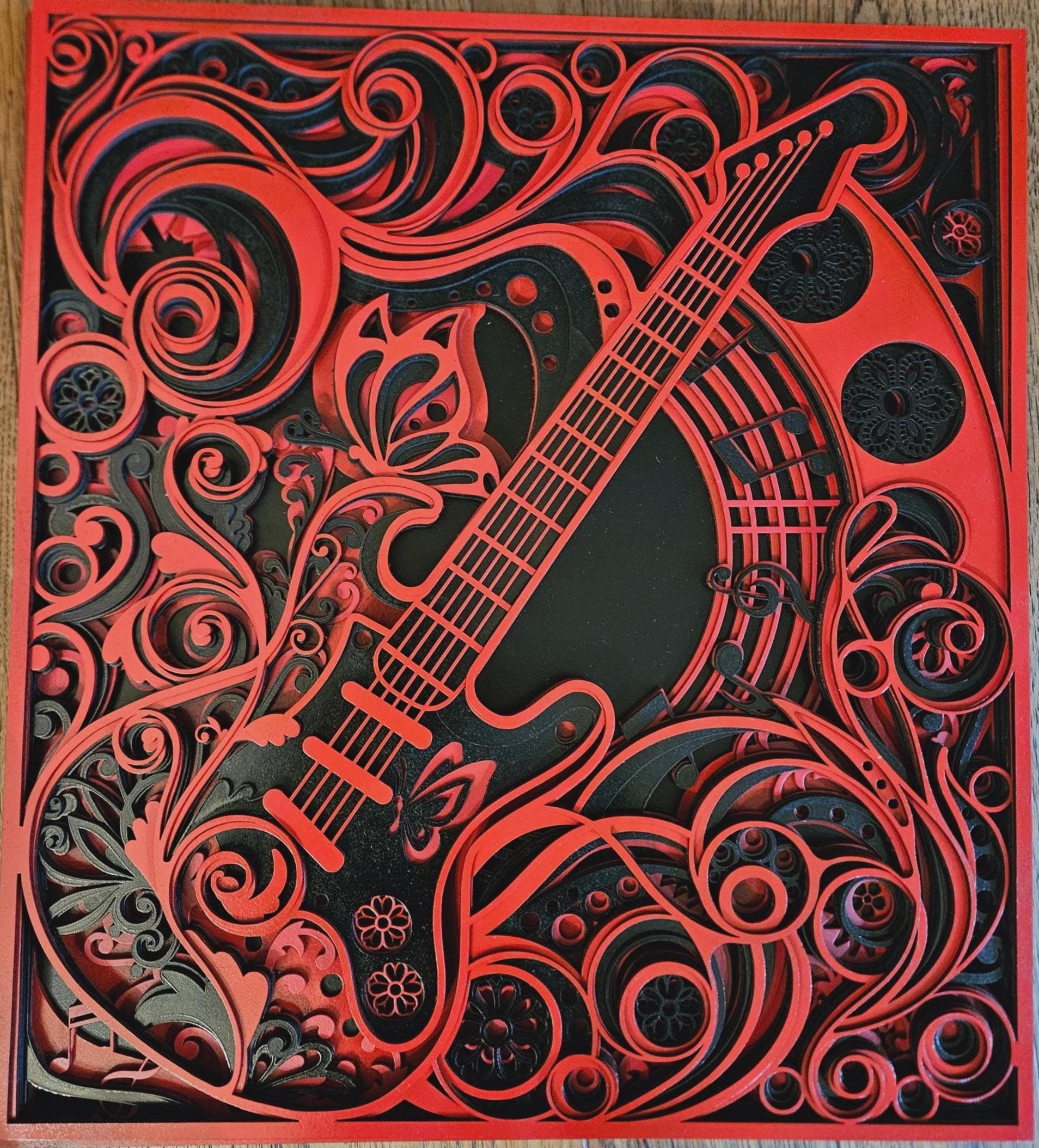 Red Rocker Guitar Wall Art | 3D Layered Laser Cut Wood | Rock Music Decor | Handmade Gift