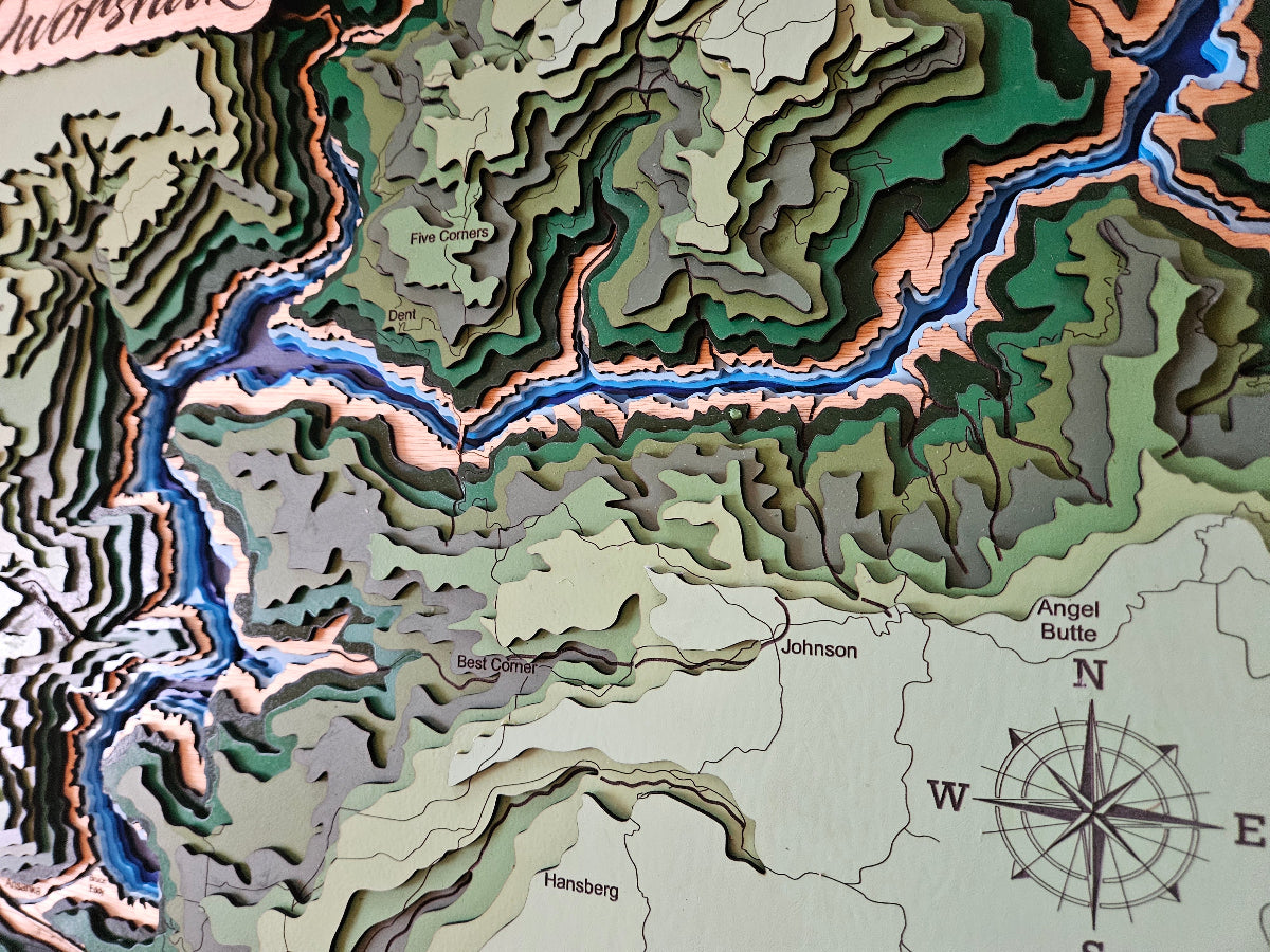 Topographic map with color gradient and river illustration