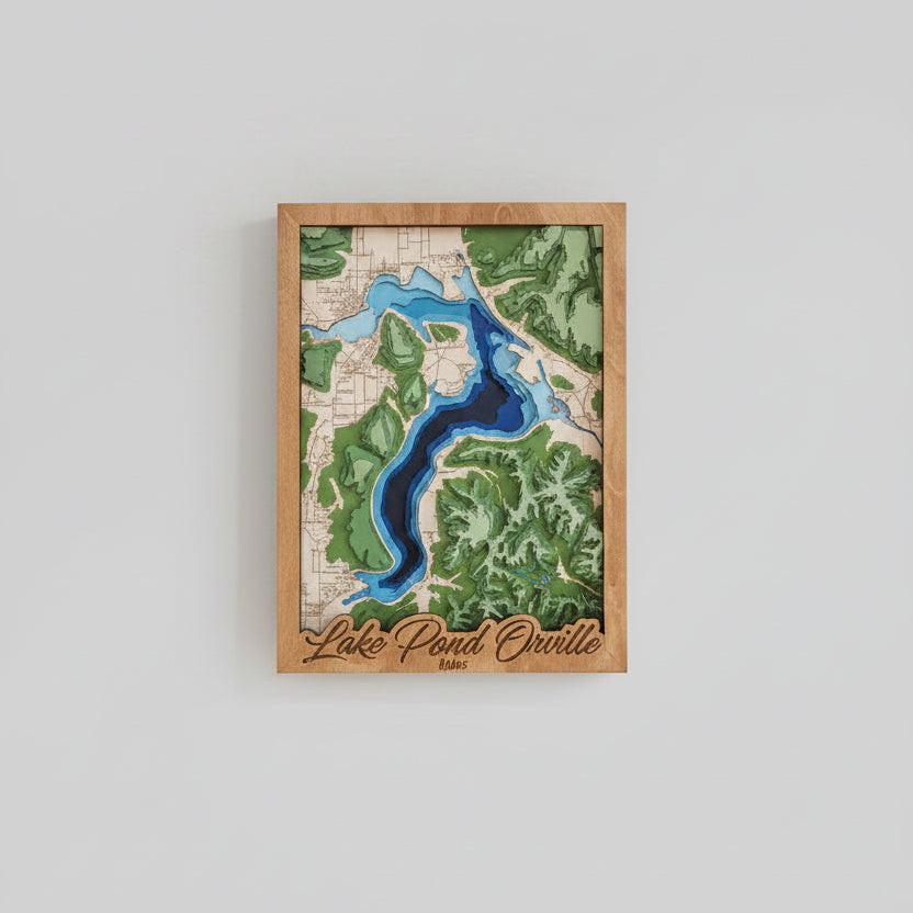 Topographic map of a lake with a wooden frame and 'Lake Pend Oreille' branding.