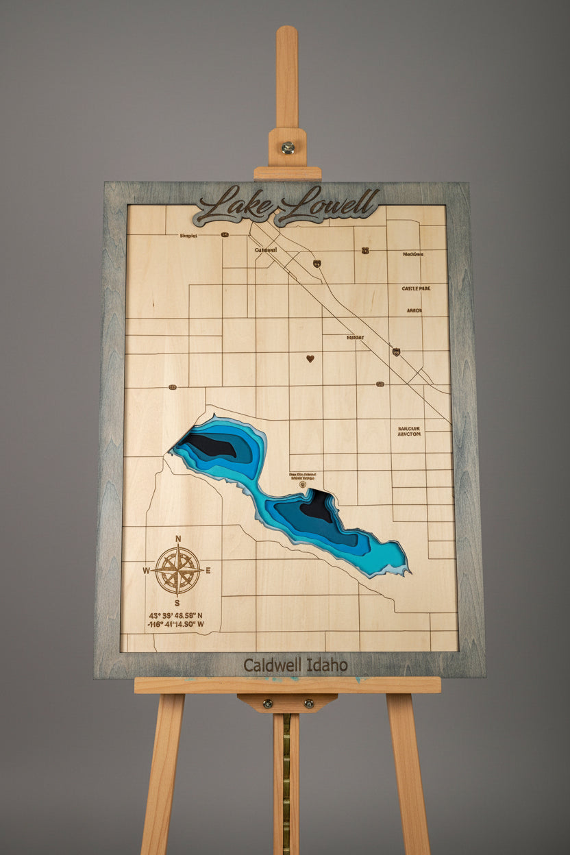 Wooden map of Lake Lowell, Caldwell, Idaho with laser-cut topography.