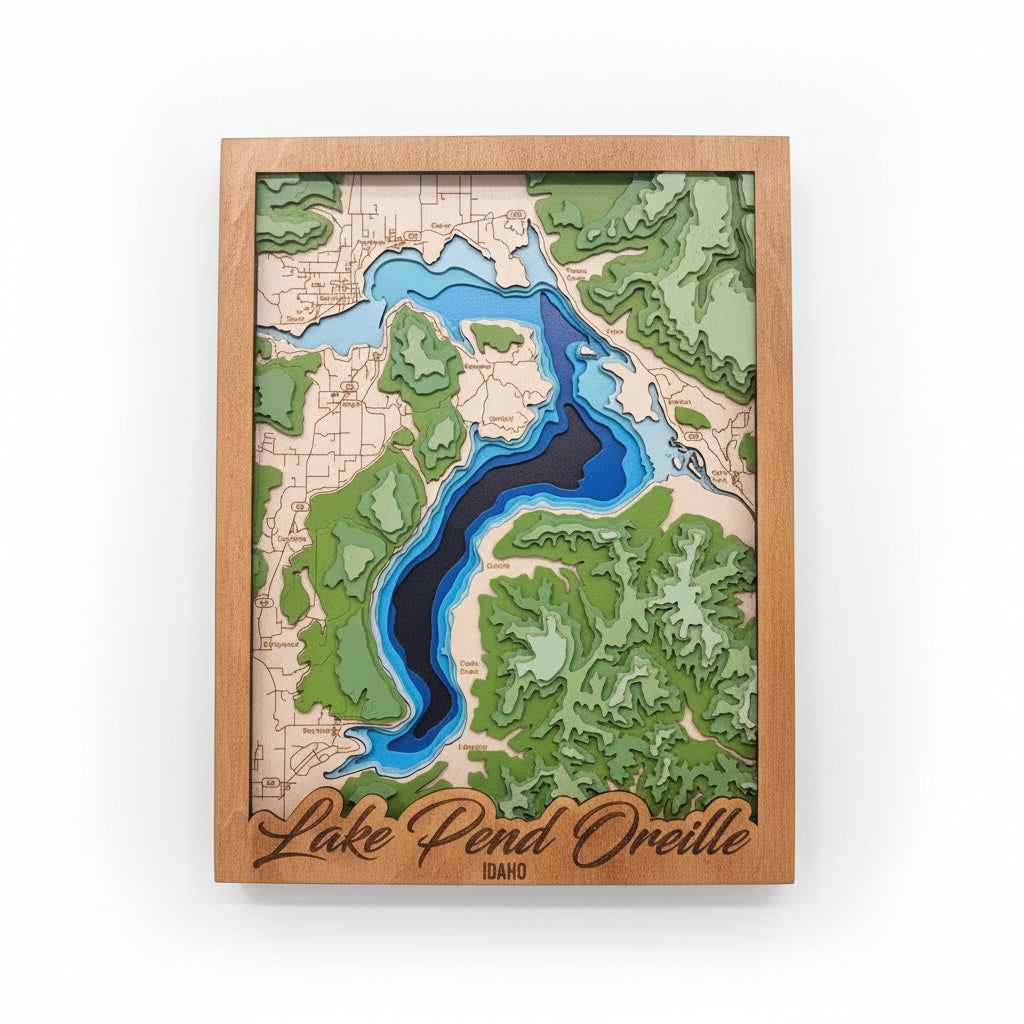 Topographic map of a lake with a wooden frame and 'Lake Pend Oreille' branding.
