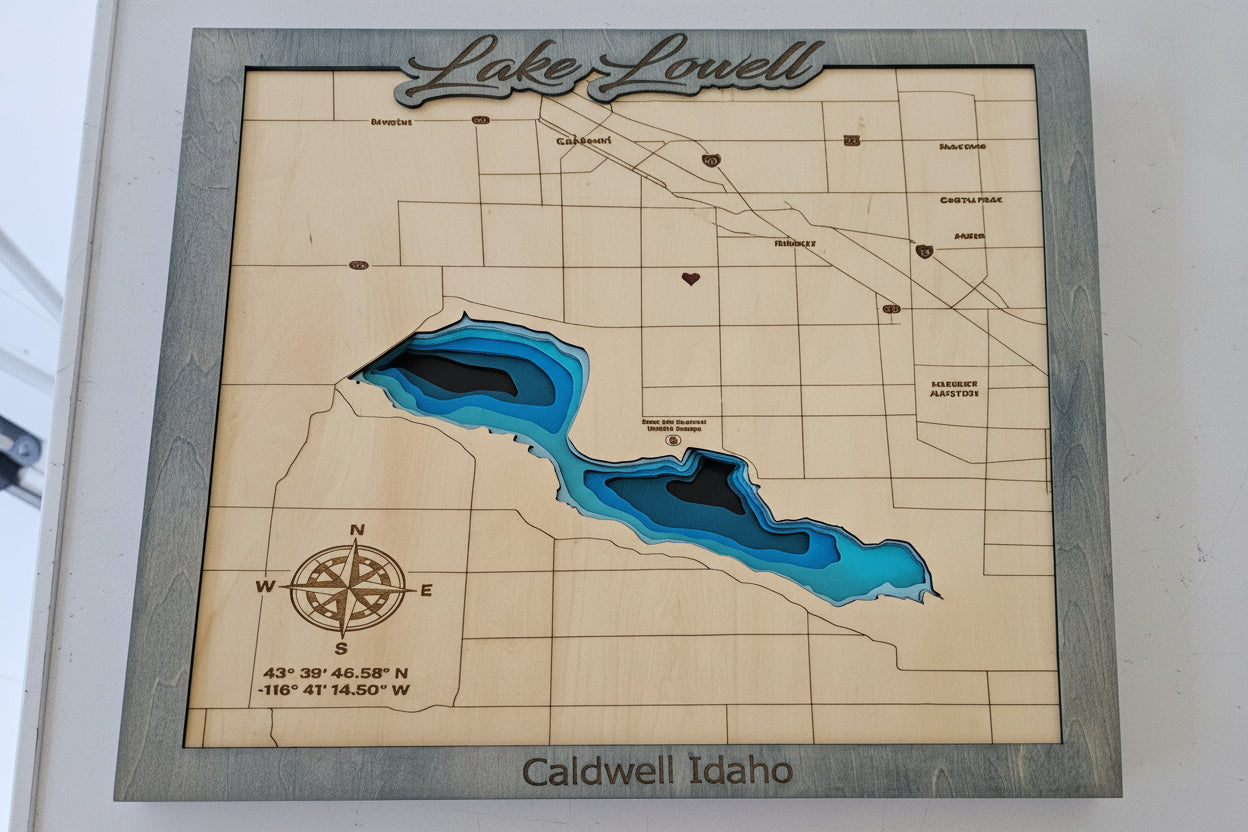 Wooden map with blue recessed areas of Caldwell Idaho