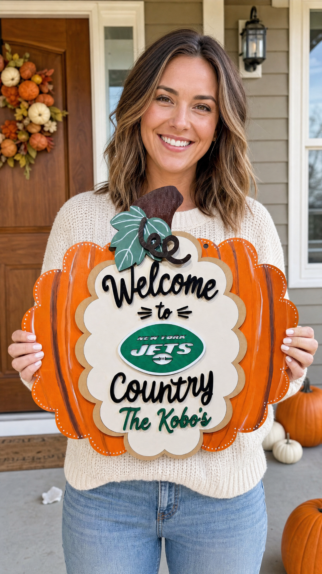 A woman stands on a front porch holding a decorative autumn sign shaped like a pumpkin. The sign reads 'Welcome to Country The Kobos' with the New York Jets logo in the center.