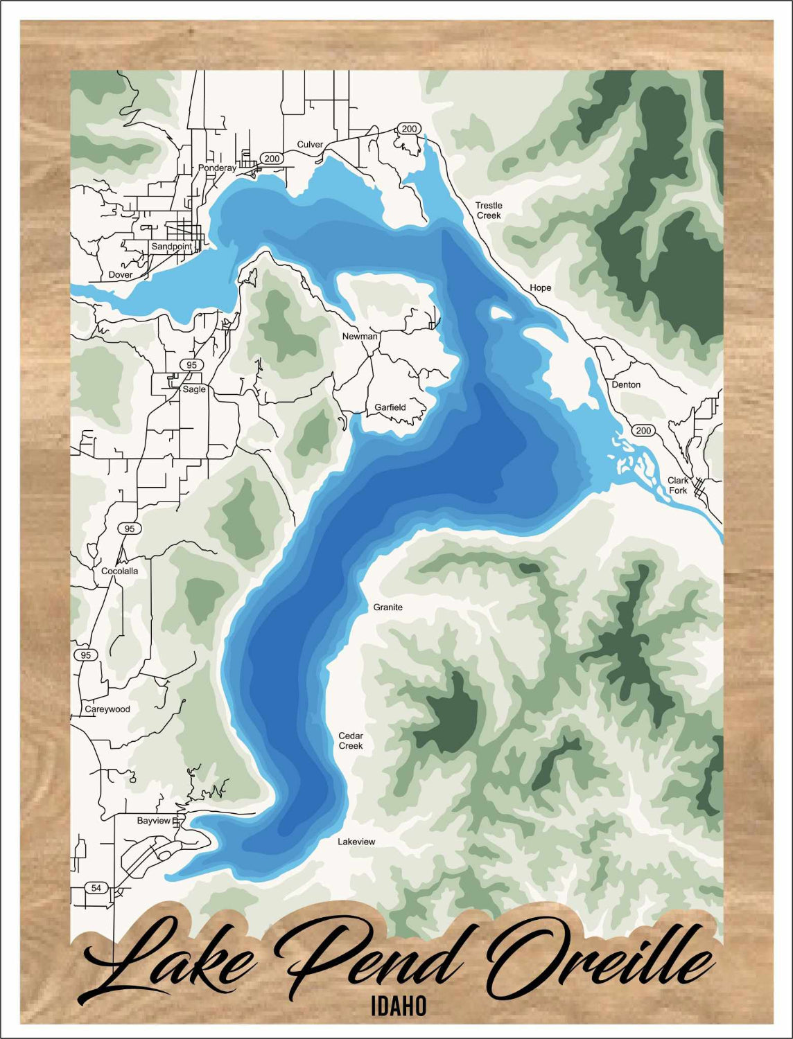 Lake Pend Oreille Idaho Topo Map Wall Art | 11-Layer 3D Laser-Cut Wood | Lake Decor Gift