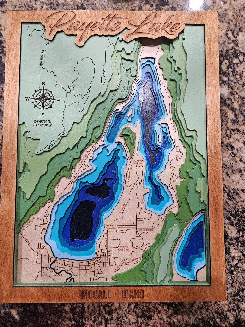 Payette Lake Idaho Topo Map Wall Art | 11-Layer 3D Laser-Cut Wood | Lake Decor Gift