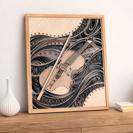 Layered Violin Wall Art, Music Room Decor, Wooden Violin Art, Music Gift