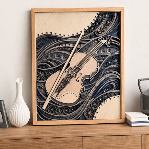 Layered Violin Wall Art, Music Room Decor, Wooden Violin Art, Music Gift