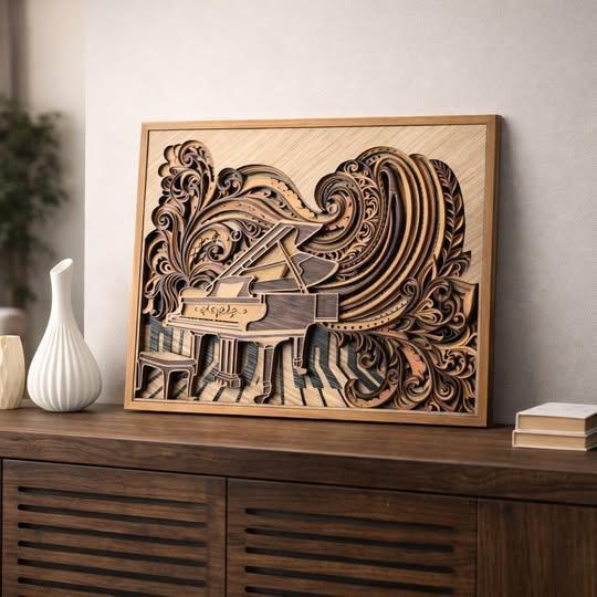 Piano Wall Art | 3D Mandala Laser Cut Wood Decor | Music Lover Gift Handmade