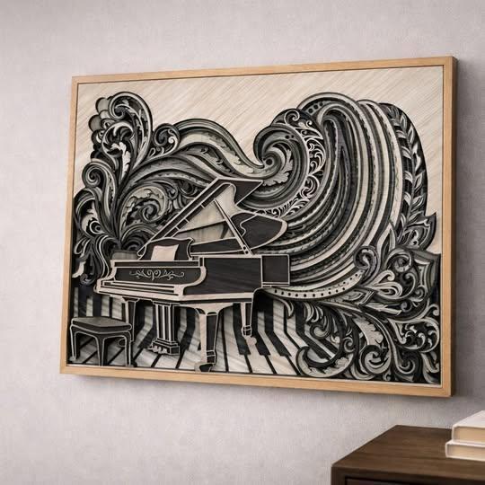 Piano Wall Art | 3D Mandala Laser Cut Wood Decor | Music Lover Gift Handmade