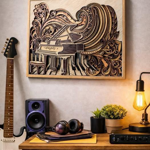 Piano Wall Art | 3D Mandala Laser Cut Wood Decor | Music Lover Gift Handmade