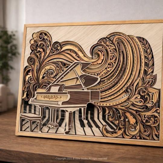 Piano Wall Art | 3D Mandala Laser Cut Wood Decor | Music Lover Gift Handmade